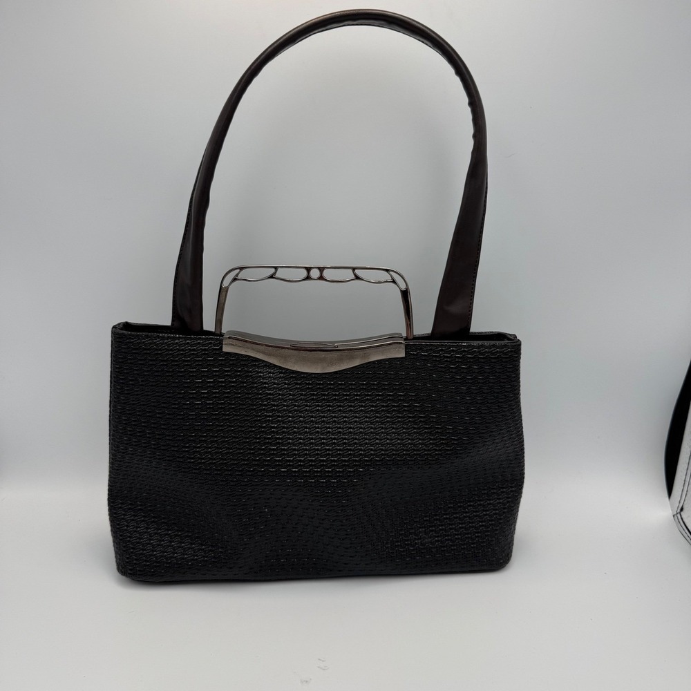 Vintage Black Woven Handbag Silver Metal Frame Ornate Handle Shoulder Bag
